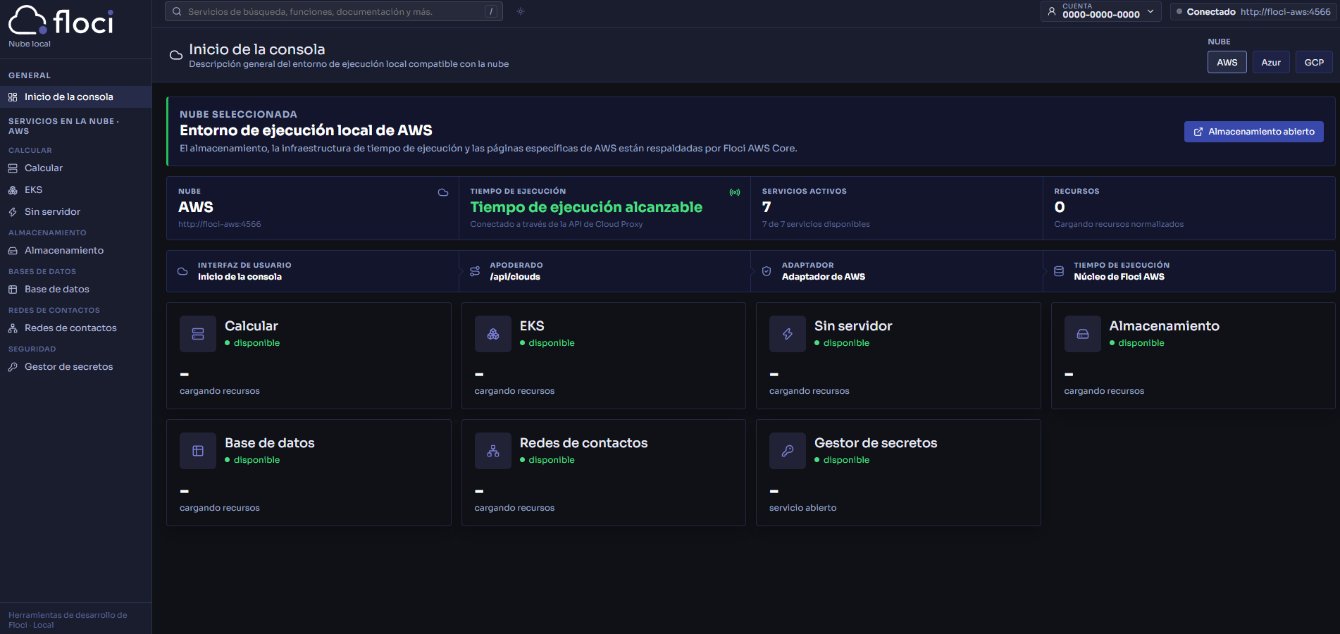 Panel de Floci UI con el laboratorio multicloud local operativo